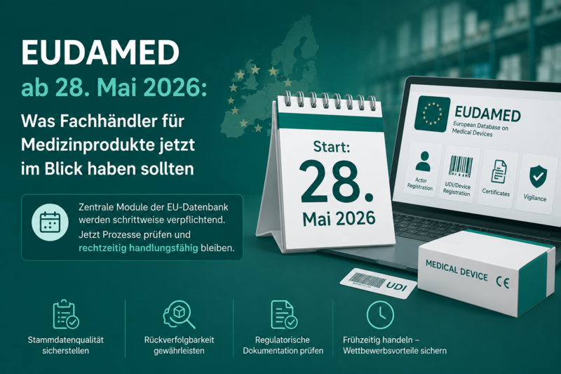 EUDAMED ab 28. Mai 2026: Was Fachhändler für Medizinprodukte jetzt im Blick haben sollten — Stammdatenqualität, Rückverfolgbarkeit, regulatorische Dokumentation, frühzeitig handeln