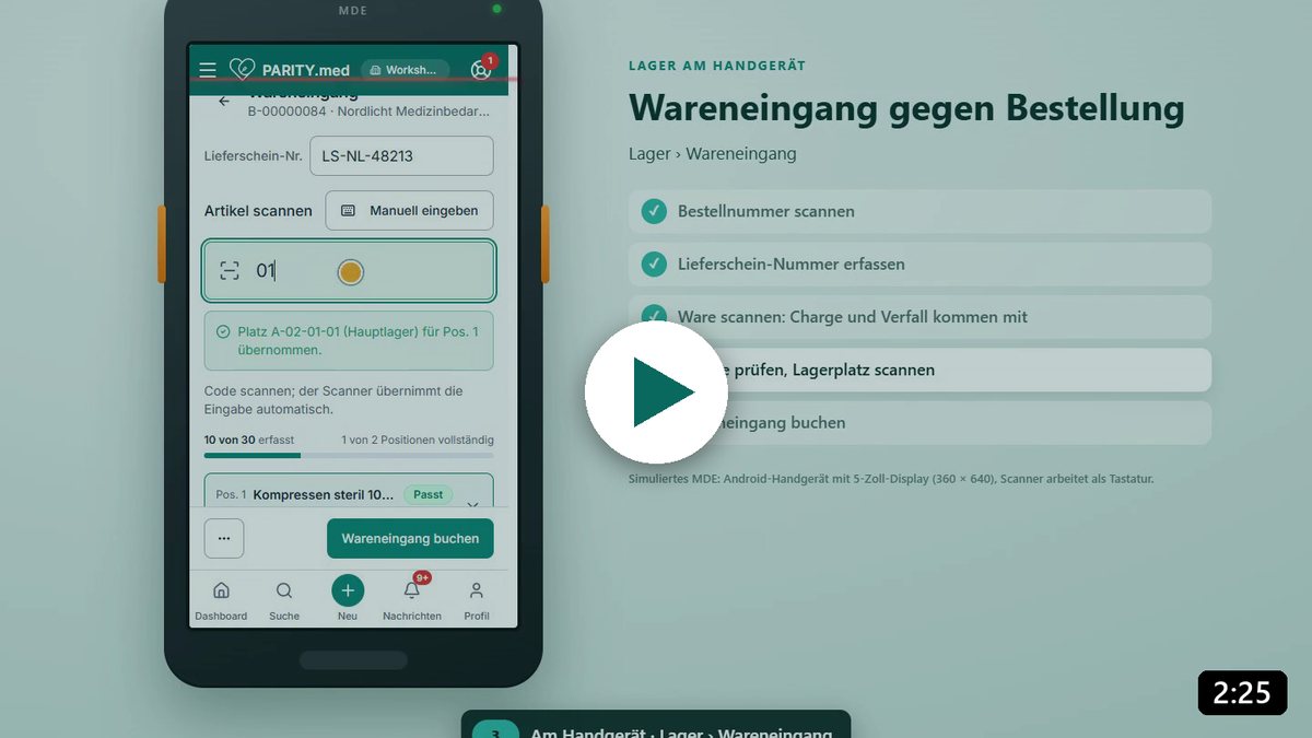 Simuliertes MDE mit dem Wareneingang in PARITY.med, daneben die Schritte vom Scan bis zur Buchung