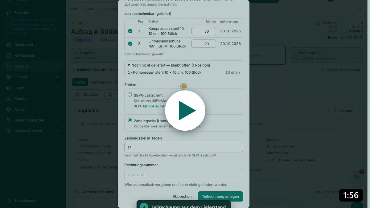 Dialog „Teilrechnung aus Auftrag erstellen“ mit gelieferten und offenen Positionen
