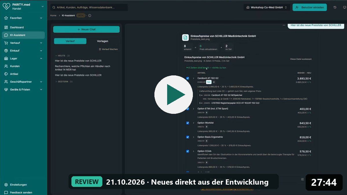 KI-Assistent mit eingelesener Preisliste von Schiller: Set-Artikel Cardiovit AT-102 G2 und Optionen mit Listenpreis, Rabatt und Einkaufspreis, darunter „Review 21.10.2026“